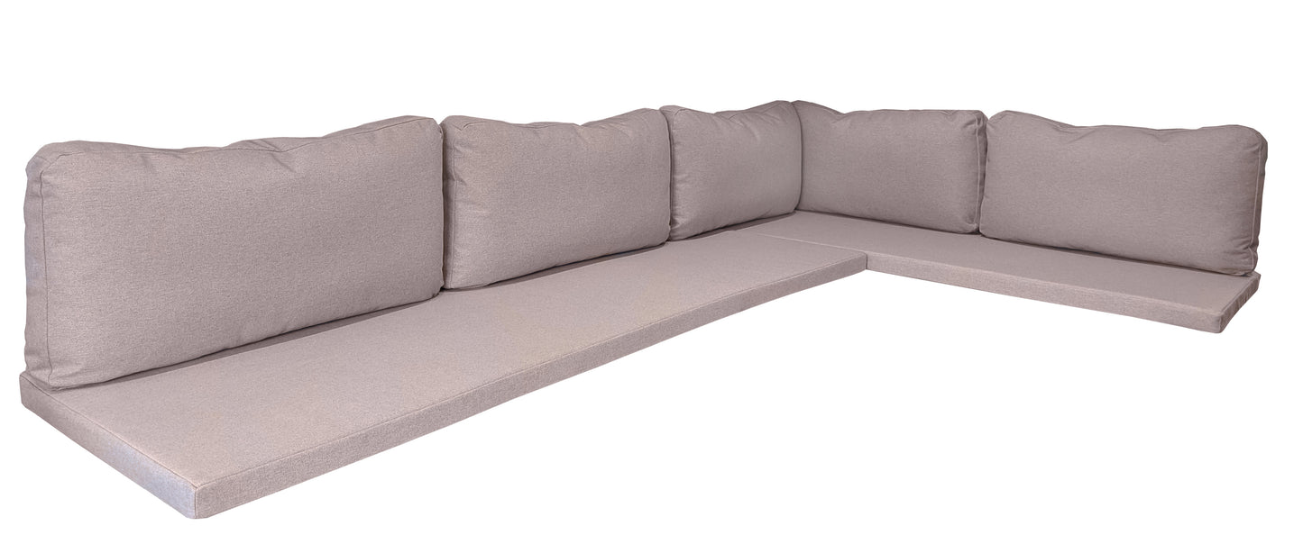 A large L shaped seating area set of indoor bench cushions. Light beige wool look hard wearing stain resistant fabric bench cushion covers with no piping at the edges and long zips at the back of the cushions. Light brown coloured wool fabric seating cushions. Firm foam seat bench cushion with hard wearing foam, child and pet friendly fabrics. Back cushions with hollow fibre and feather filling sofa sofa style cushions for kitchen banquette seating area. Corner seat cushions made in UK by family