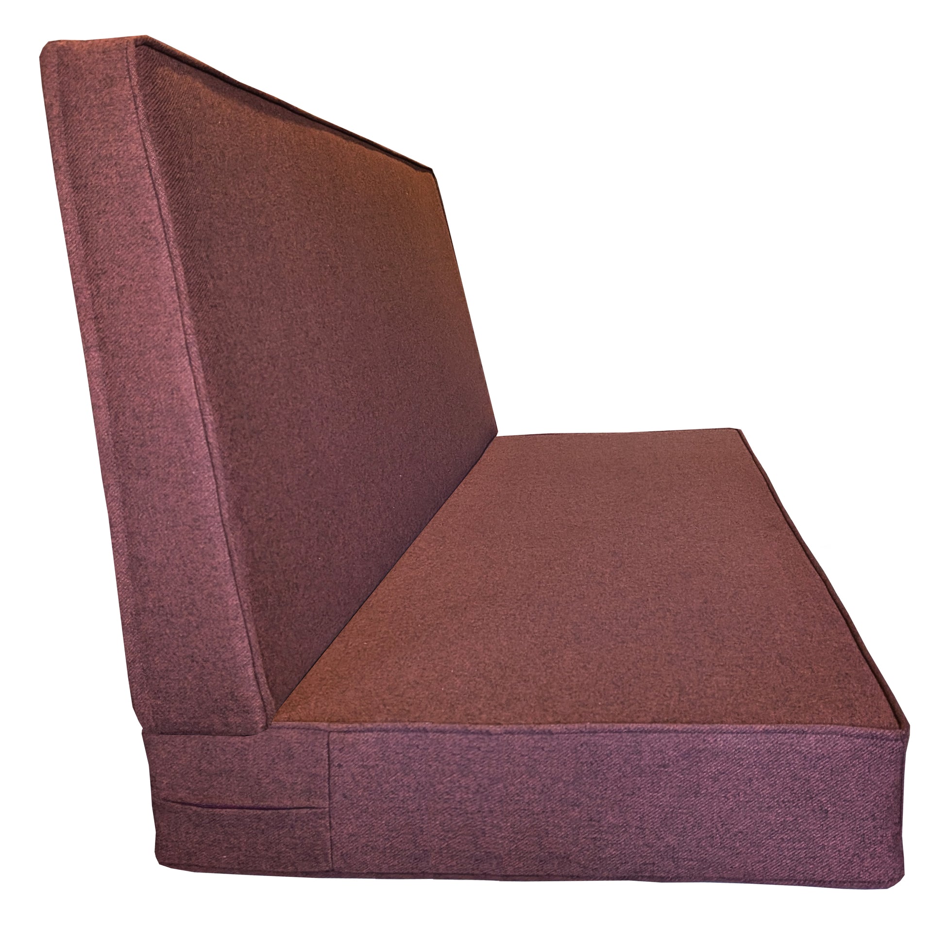 A back cushion and seat cushion made to measure for a banquette kitchen seating area. Both box edge cushions have a hard wearing fabric cover made with a wool look machine washable upholstery fabric which is a ruddy brown colour to match the dining table terazzo pattern. The back cushion for the seating booth has a slight taper giving it a slant to lean back on comfortably. This back cushion has a medium density foam inside and a zip at the back so the cover can be removed for washing.