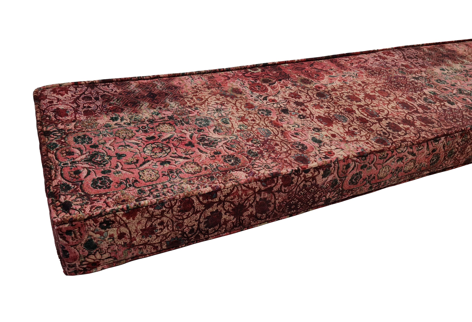 A traditional look firm upholstery foam bench cushion with a cover made with a hard wearing Linwood fabric velvet. The stain resistant velvet fabric cover for the seat cushion is a dark red abstract pattern evocative of vintage rugs. The cushion has a supportive firm foam inside. this cushion would be perfect for a church pew seat, a window seat cushion, a dining bench, kitchen banquette seating area or a built in dining space. It is child and pet friendly and very hard wearing.