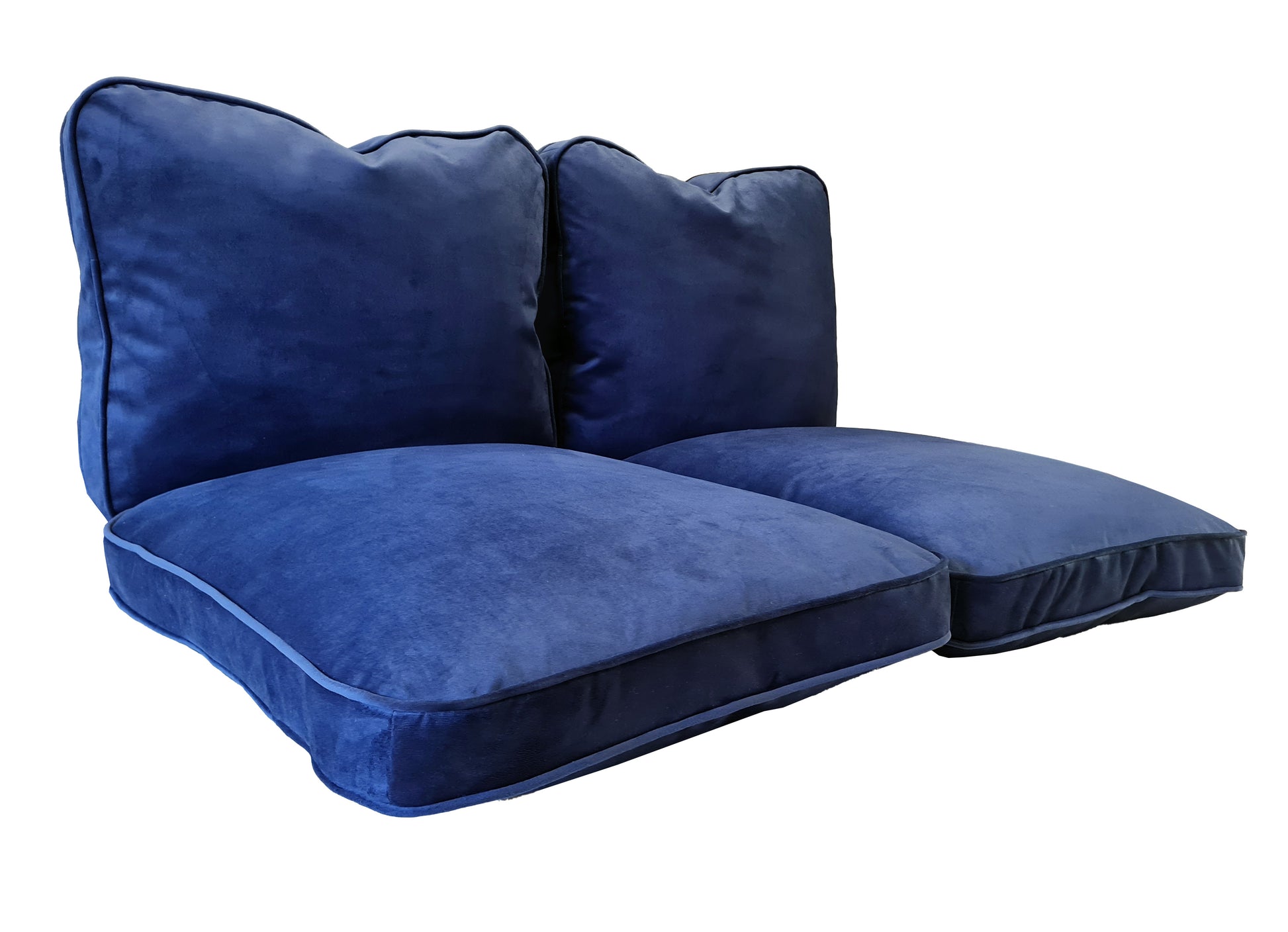 Two plump sofa cushions with matching thick back cushions that have feather fillings with foam inside for extra stability. The supportive sofa cushions make great replacement seating or are perfect for wooden frame sofas. The comfy, soft cushions are made to measure in the UK and the fabric the covers are made from is also from a UK based company. The fabric for the sofa cushion covers is a royal blue velvet which is machine washable and stain resistant.